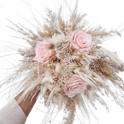 Brautstrauß Boho Bride aus Trockenblumen, Pampas, Infinity Rosen (Rosa-Beige)