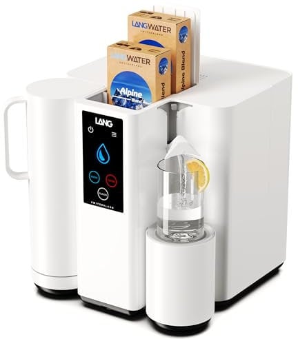 LANGWATER The Well Erogatore Acqua - Sistema di Filtrazione & Mineralizzazione con Filtro Acqua Osmosi Inversa - Starter Kit con 3 Filtri & 2 Confezioni di Minerali - Eco-Efficiente