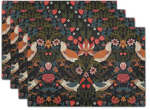 Platzsets im Vintage-Stil, Blumenmuster, Vogel und Erdbeere, 30,5 x 45,7 cm, bunt, rustikal, Chinoiserie-Tischsets, Sommer, saisonale Feiertage, Leinen, waschbar, Platzsets für Esszimmer, Küche,