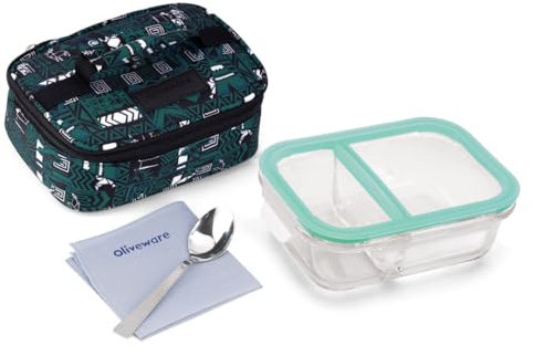 Oliveware Elite Glassware Lunchbox, Two Compartment (600ml) Lunch Box Set, Borosilicate Glass, Microwave Safe & Leak Proof, BPA Free Safety Lock Airtight Lids