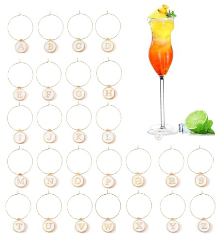 MOSNLEILA Wine Glass Charms - Stem Glass Markers & Identifiers - Funny Drink Name Tags for Christmas and Party Decorations - White Letters Themed Set of 26