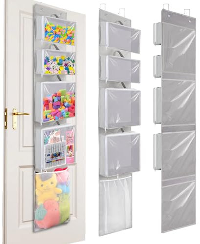 Woodoulogy Over Door Organizer and Storage, Toy Hanging Container Holder with 4 Removable Clear Bins, Nursery Closet Cabinet Baby Room Wall Stuffed Animal Bag Case for Bathroom, Bedroom and Pantry