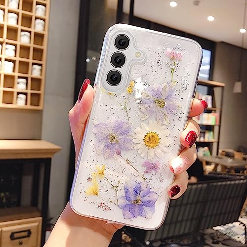EYZUTAK Getrocknete Blumen Hülle für Samsung Galaxy A55 5G, Weiche Schlanke TPU Klar Funkeln Sterne Glitzer Silikon Gel Stoßfeste Blume Schutztasche-Hellblaue