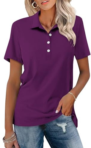 TICTICMISS Polo da donna a maniche corte con bottoni e risvolto top estivo casual business t-shirt basic, Viola scuro, L
