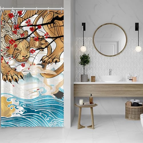 SDOTPMT 90x180cm Giapponese Tende Doccia Giappone Oceano Fuji Montagna Rosso Sole Ciliegio Fiori Bianco Crane Asiatico Giapponese Tradizionale Ukiyo-e Art Tende da bagno con ganci