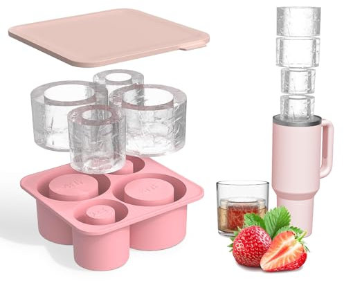 MARUKO Silicone Ice Cube Tray with Lid for Stanely Cup, Tumbler Ice Mould, Cylinder Silicone Ice Cube Trays for Freezer, Cocktails, Whiskey, Coffee and Juice, BPA Free, Dishwasher Safe (Pink)