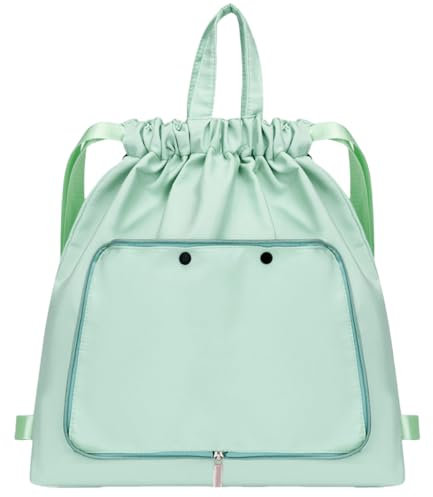 Sportbeutel Frauen Turnbeutel Lässig Wasserabweisend - Drawstring Bag Nylon Kordelzugbeute Grün Trocken-Nass-Trennung Sport Beutel mit Tunnelzug Schuhfach für Damen - B03508