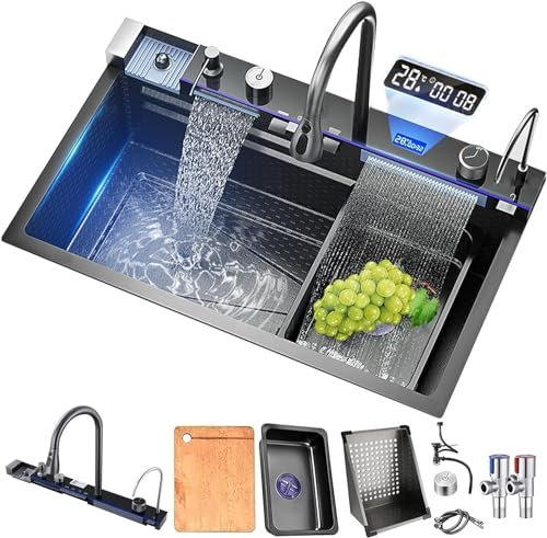 TULAZOU Fregadero de cocina,T304 fregadero de acero inoxidable,fregadero de cocina multifuncional, fregadero cascada,fregadero empotrado con grifo digital multifuncional y varios accesorios (80x45cm)