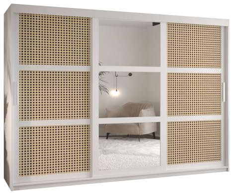 ABIKSMEBLE PLECIONKA WIEDEŃSKA 2 Armario de Tres Puertas Correderas con Espejo, Barras y Estantes - Armario de Almacenamiento para Salón - Patrón Trenzado - 200x250x62 cm - Blanco, Blanco, Plata