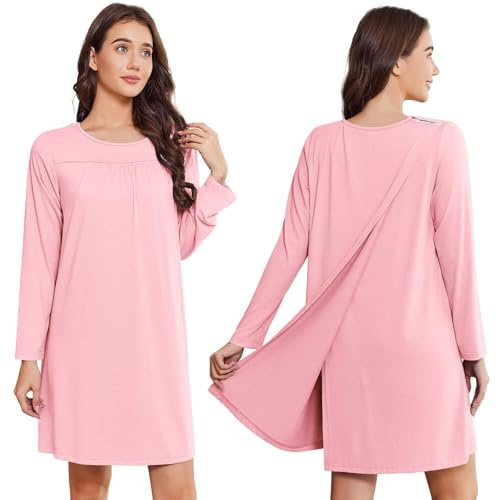 Deyeek Hospital Gowns for Women Tear Away Snap Long Sleeve Open Back Dress Nursing Gowns Post Shoulder Surgery Dress, Pink, L