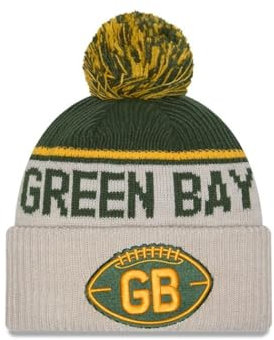 New Era Green Bay Packers NFL 2024 Sideline Historic Sport Knit Beige Grün Bommelmütze - One-Size