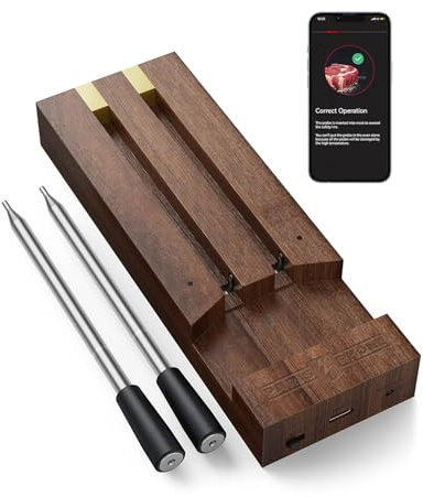 Funk-Thermometer – 36 Stunden Akkulaufzeit, Ladegehäuse aus Bambus, magnetisch, Temperaturfühler, intelligent, kabellos, angeschlossen, Grill, Rotisserie, Luftfryer, Reichweite 150 m (2 Sonden)