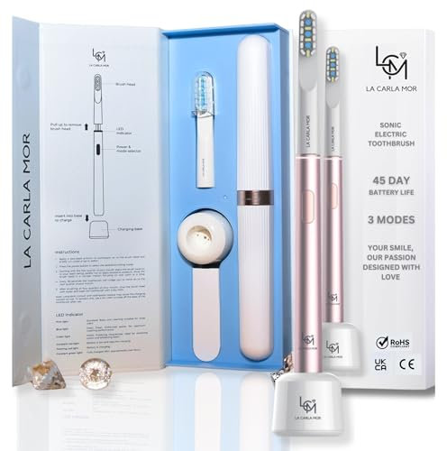 Sonic Electric Toothbrush & Accessories, 2 Brush Heads, USB, 45 Day Battery, Smart Timer, 3 Modes, Ideal for Sensitive Teeth, Travel, Toothbrush Electric (Pink)