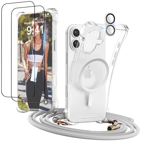 GUtttGU Handykette für iPhone 16 Hülle mit Band mit 2 Displaychutzfolie Panzerglas + 2 Kamera Schutzfolie Transparent Handyhülle Kompatibel mit Magsafe Schutzhülle Case für iPhone 16 Klar