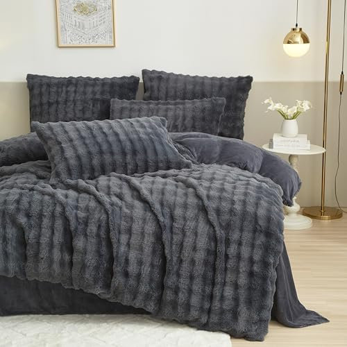 DXHOME Ropa de cama de felpa de 220 x 240 cm, para invierno, mullida, de franela gris, con tacto de cachemira, suave ropa de cama reversible de forro polar de franela, funda nórdica con cremallera y 2