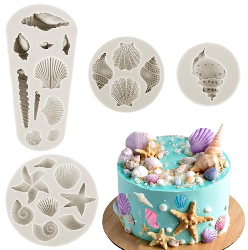 4 Stück 3D Ozean Tier Silikon Backformen Silikon Meerestiere Fondant Formen Tiere Muschel Seestern Silikonformen DIY Fondantdecke Backform für Backen Schokolade Kuchen Süßigkeiten Gelee Kuchendeko