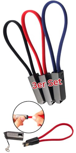 ARKIN 3er Set: Schlüsselanhänger Ladekabel USB auf USB C. Kompatibel mit allen Handys mit USB-C Anschluss. Ladekabel 1x in schwarz, 1x in rot + 1x in blau alle USB->auf->USB-C Handy-Anschluss