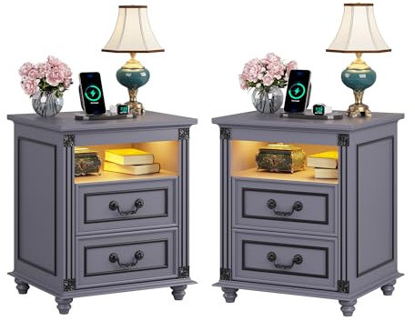 FREDEES Nachttisch 2er Set mit Steckdose, LED Nachttisch mit Ladefunktion, Beistelltische mit 2 Schublade Holz Nachtkommode für Schlafzimmer/Wohnzimmer Grau
