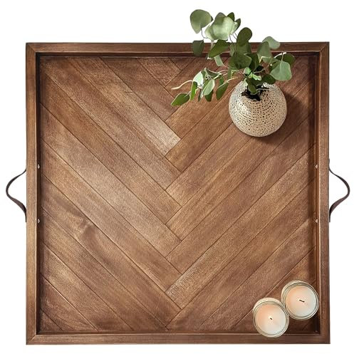 Tray for Ottoman 24 x 24 Inches, Square Ottoman Trays, Large Wooden Tray with Leather Handles, Food Serving Trays for Dinner, Breakfast, Snacks
