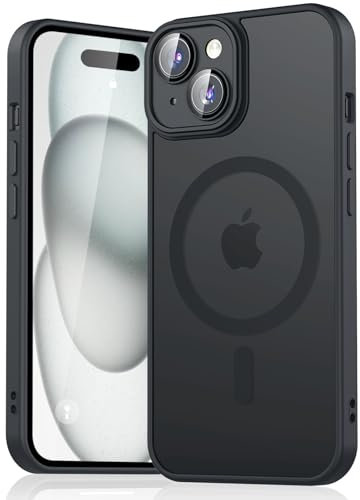 Mugust Magnetisch Hülle für iPhone 15 Hülle, Matt Handyhülle Kompatibel mit MagSafe, Mattierte Durchscheinende Rückseite Schutzhülle Handyhülle für iPhone 15 (Schwarz)