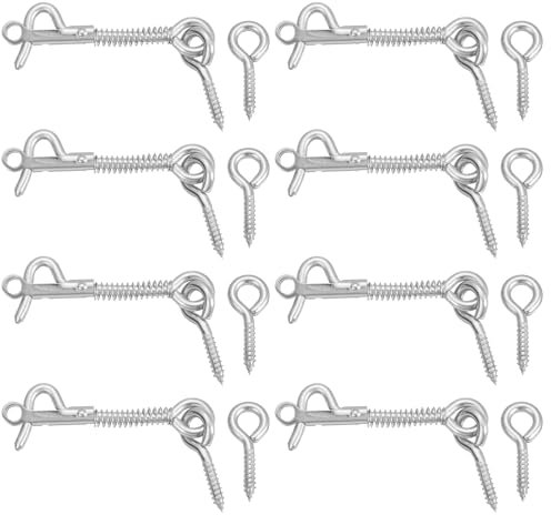 sourcing map 8Pcs 2.5 Cabin Hook Eye Latch, 304 Stainless Steel Spring Hook and Eye Safety Latch Wire Gate Hook and Eye Latch for Wood Window Door Hook