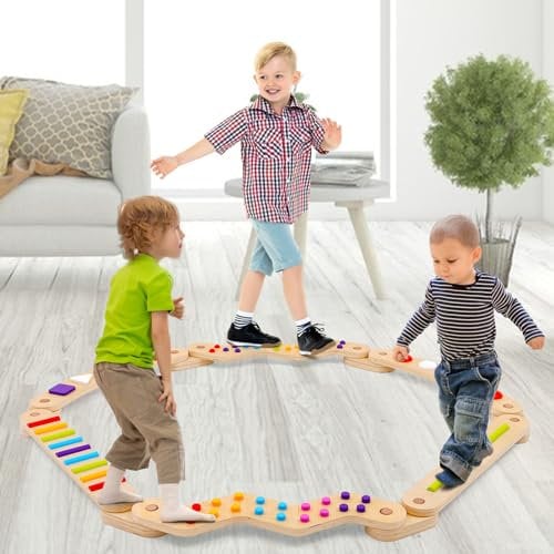 Barra de Equilibrio de Madera Montessori para Niños con Piedras Obstáculo,Juguete Educativo para Interior y Exterior - Desarrollo de Coordinación y Motricidad (2-6 Años)