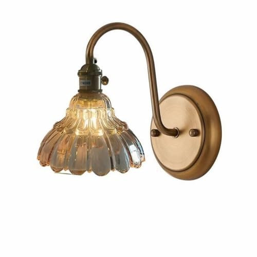 AstrizLamp Messing Glas Wandleuchte Innen, Moderne Vintage Wandlampe E27 Rechargeable RGB Glühbirne Gold Metal Base Florentiner Blütenform Amber Kristall Schirm Schwanenhals Gebogen Wandlampen