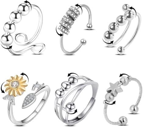6 Stück Angst Ring Spinner, Verstellbare Fidget Ringe Anti Stress, Unisex