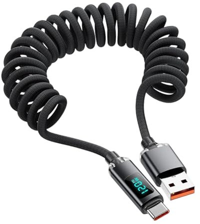 Cable USB C Cable, Tipo C Cord, 120 W Spring Charger Cable Portable Woven with Digital Power Display, Fast Charging for Laptop Tablet Car Desk Travel Use, Black, 1 Piece, 3 ft