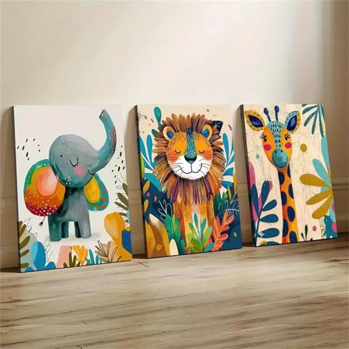 Uixxducc 3er Set Bilder Poster Kinderzimmer Elefant, Löwe, Giraffe Kinderkunst Bilder Set Junge Mädchen Wandbilder Deko Babyzimmer Kinderbilder Premium Ohne Rahmen (50x70cm)