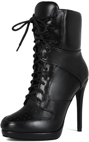 Oisbmats Women's Round Toe Stiletto High Heel Lace Up Clubwear Novelty Cross-Tied Ankle Boots US 9, Black