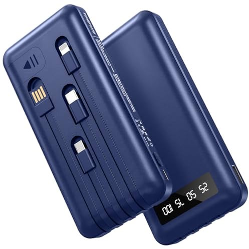 Powerbank 26800mAh mit 4 integrierten Kabel, 22.5W Power Bank USB C Schnellladefunktion mit LED Display & Halterung, Externe Handyakkus für iPhone 17/16/15/14/13/12/11 iPad Samsung Galaxy, Blau