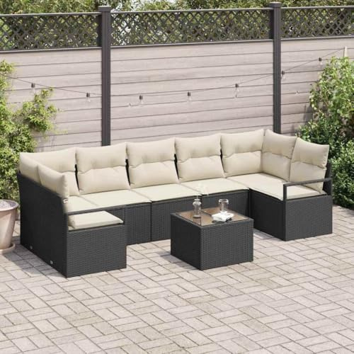 QJBSAVVA Gartensofa 8-Teilig Schwarz Creme 55x55 cm Poly Rattan Eckbank mit Stauraum Lounge Sitzecke für Balkon Terrasse Garten Modernes Design Robust Outdoor