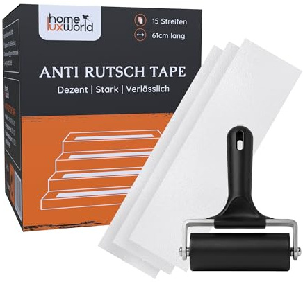 HomeLuxWorld Transparente Antirutschstreifen für Treppen, 10x61cm, 15 Stück | Selbklebende Treppenaufkleber mit Anbringrolle für Tritt- und Rutschschutz, rutschfester sicherer Halt für Kinder & Hunde