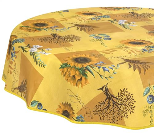 Wachstuchtischdecke Tischdecke abwaschbar Wachstischdecke pflegeleicht wasserabweisend Lotuseffekt Gartentischdecke Sonnenblume Rund 140 cm mit Saum (Eingefasst)