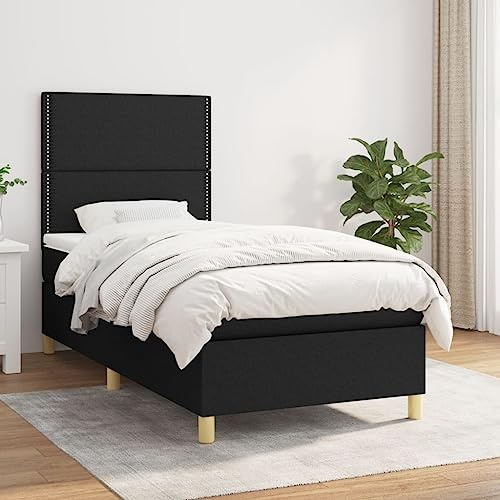 QJBSAVVA Boxspringbett 90x190 cm Schwarz Modernes Einzelbett mit Matratze & Topper höhenverstellbares Kopfteil strapazierfähiger Stoff Jugendzimmer Deko für Schlafzimmer Gästezimmer