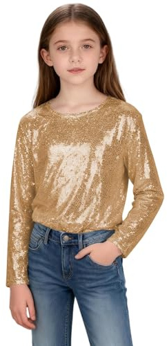 XINYUNZU Pailletten Langarmshirt Mädchen Jungen Glitzer Shirt Longsleeve Top Mode Oberteile Rundhals Glitzeroberteil T-Shirt Langarm für Kinder und Teenager Karneval Party Festival Gold 9-10 Jahre