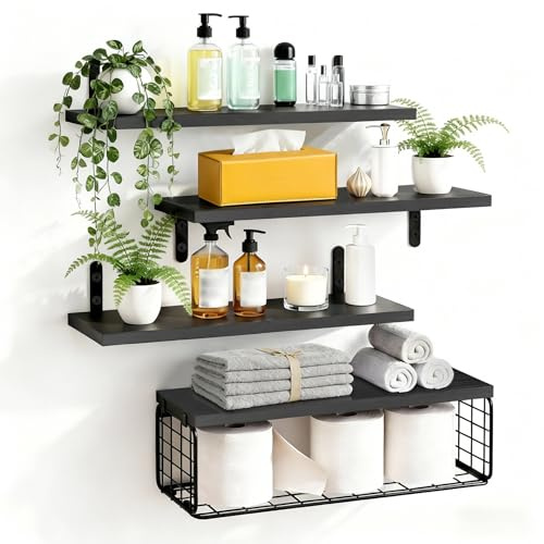 FREEAMG Floating Shelves with Wire Storage Basket, Set of 4+1 Black | Wood Floating Shelves for Wall Decor, Wall Mounted Shelves for Bathroom, Living Room, Bedroom, Kitchen