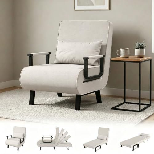 JMGJOY Sillón Cama 1 Plaza Plegable - Sofá Cama Individual Convertible con Respaldo Ajustable, Puff Cama Multifuncional Tapizado en Tela para Salón, Dormitorio, Oficina, Beige
