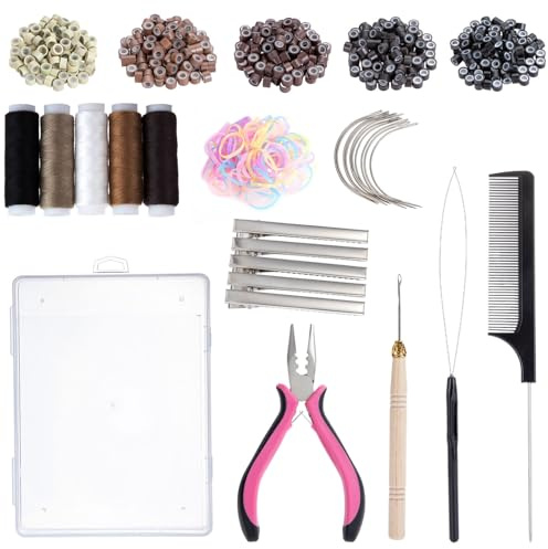 Haarverlängerung Microrings Extensions Set mit 500 Stück Microringe Ringperlen 1 Zange 1 Fadenführer, 1 Hakennadel, 10 gebogene Haarnadeln, 5 Haarspangen, 5 Rollen Nähfaden, 100 Gummibänder (Style1)