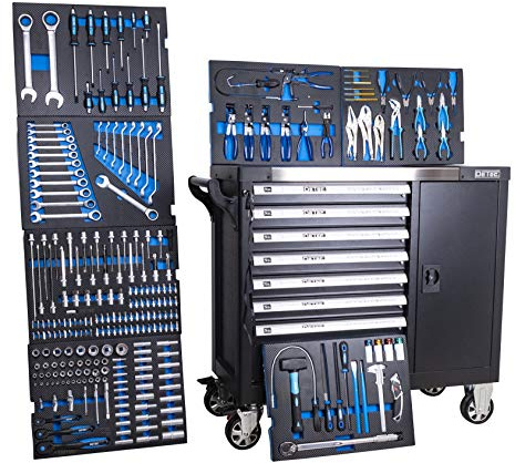 ViMa24 Werkstattwagen 1077 XXL bestückt – 7 Schubladen gefüllt, Heavy Duty Werkzeugwagen mit Edelstahl Arbeitsplatte, abschließbar, kugelgelagert, Werkstatt Trolley auf Rollen KFZ Werkzeugkasten