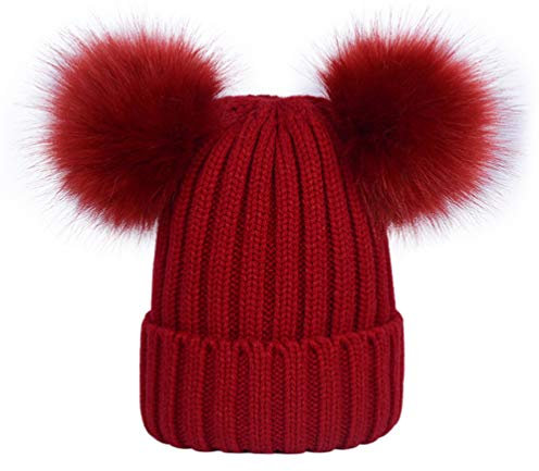 LAUSONS Kinder Kunstfell Bommelmütze Mädchen Winter Strickmütze mit Zwei Bommeln Weinrot