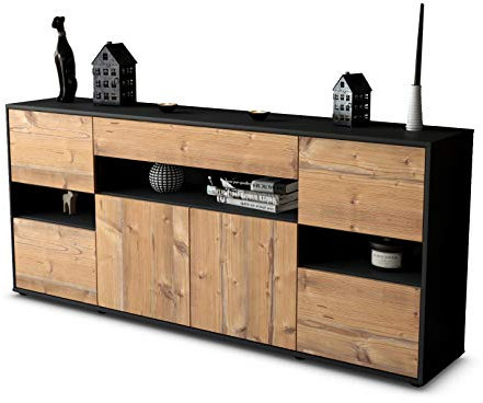 Stil.Zeit Sideboard Ginevra, Korpus anthrazit matt, Front Holz-Design Pinie (180x79x35cm) Push-to-Open Technik & Leichtlaufschienen
