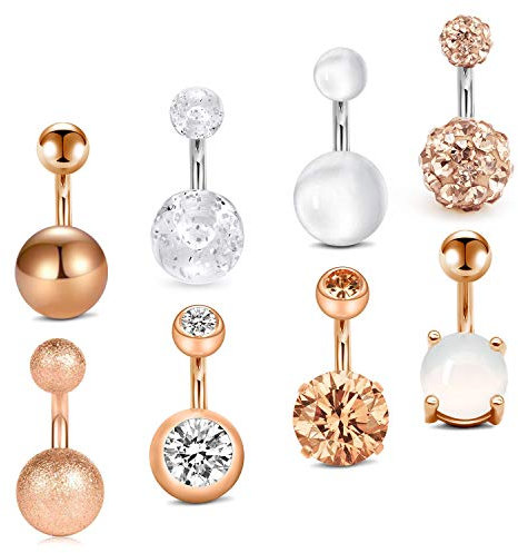 Mayhoop 8er Set 14G 6mm Bauchnabelpiercing Bauchpiercing 8 Stil CZ Kugeln Nabelpiercing Bauchnabelstab Bauchnabelring Rosegold Set