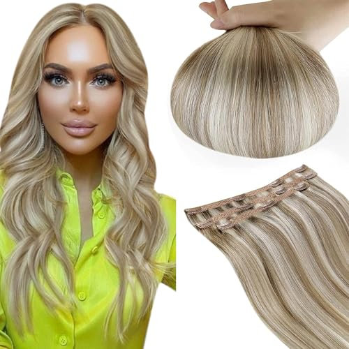 RUNATURE Clip in Extensions Echthaar Blond Highlights 40cm 3Pcs Glatt Echthaar Extensions Clip Aschbraun Hervorheben Platinblond Clip Extensions Echthaar Günstig Echte Haare 50g #8P60