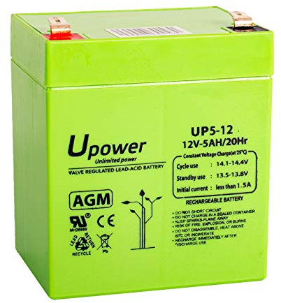 U-Power - Batería Plomo Recargable AGM Sellada 12V 5Ah - Uso General como Alarmas, UPS/SAI, Seguridad, Juguetes, Etc - Terminal Faston F2 6.3mm