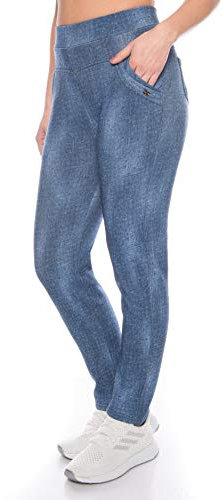 Kendindza Damen Thermo-Leggings Jeans-Look gefüttert mit Innen-Fleece Basic Blickdicht (Blau | Muster 1, XXXL)