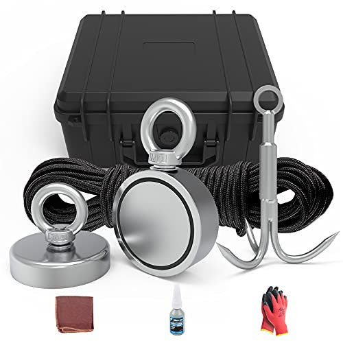 THCMAG Magnet Fishing Kit - 1000LBS Pulling Force Double Sided Neodymium Rare Earth Magnet with Rope Grappling Hooks and Gloves for Salvage and Retrieval