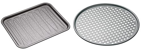 MasterClass Crisper Tray with PFOA Non Stick, Robust 1 mm Carbon Steel, 39 x 31.5 cm & 32 cm Perforated Pizza Tray with PFOA Non Stick, Robust 1 mm Thick Carbon Steel