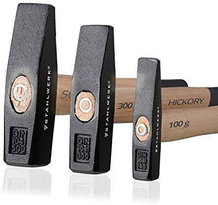 STAHLWERK Hammer Schlosserhammer im Set 100 g 300 g 500 g robuster Kopf aus geschmiedetem Stahl, gut ausbalanciert, ergonomischer Griff aus bruchfestem Hickory-Holz